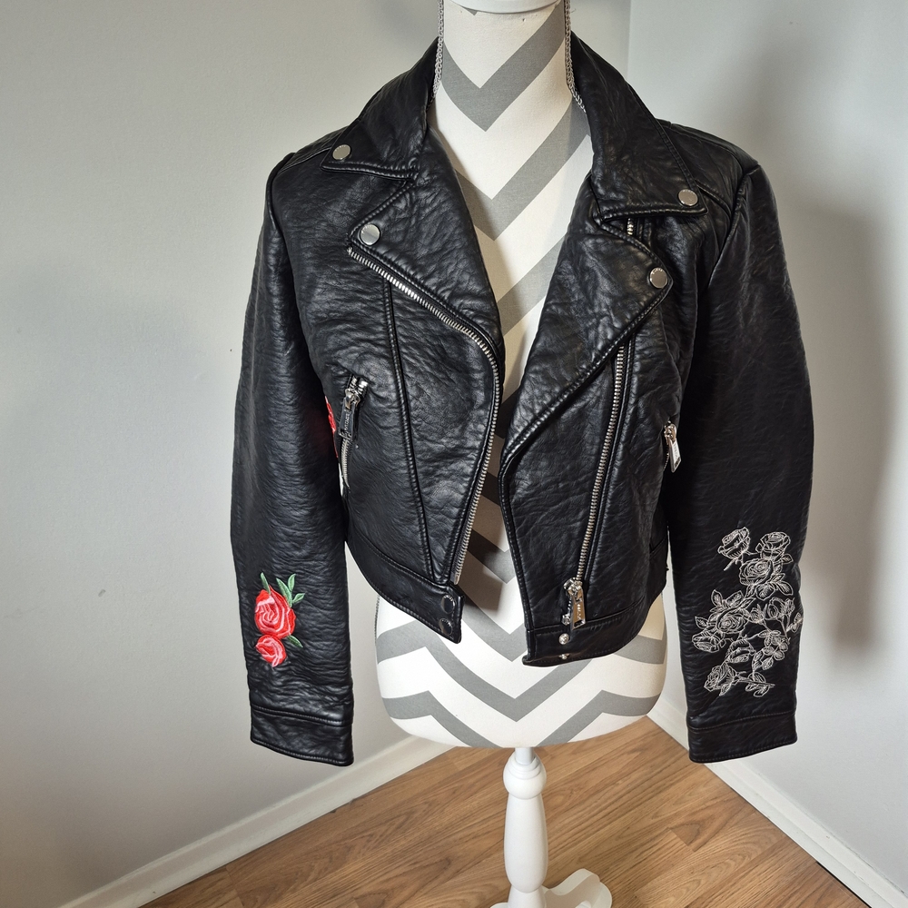 Guess Black Leather Jacket with Floral Embroidery
